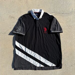 US Polo Assn. Black Polo Shirt Mens 2XL Big Pony Logo #3 Diagonal Striped Rugby